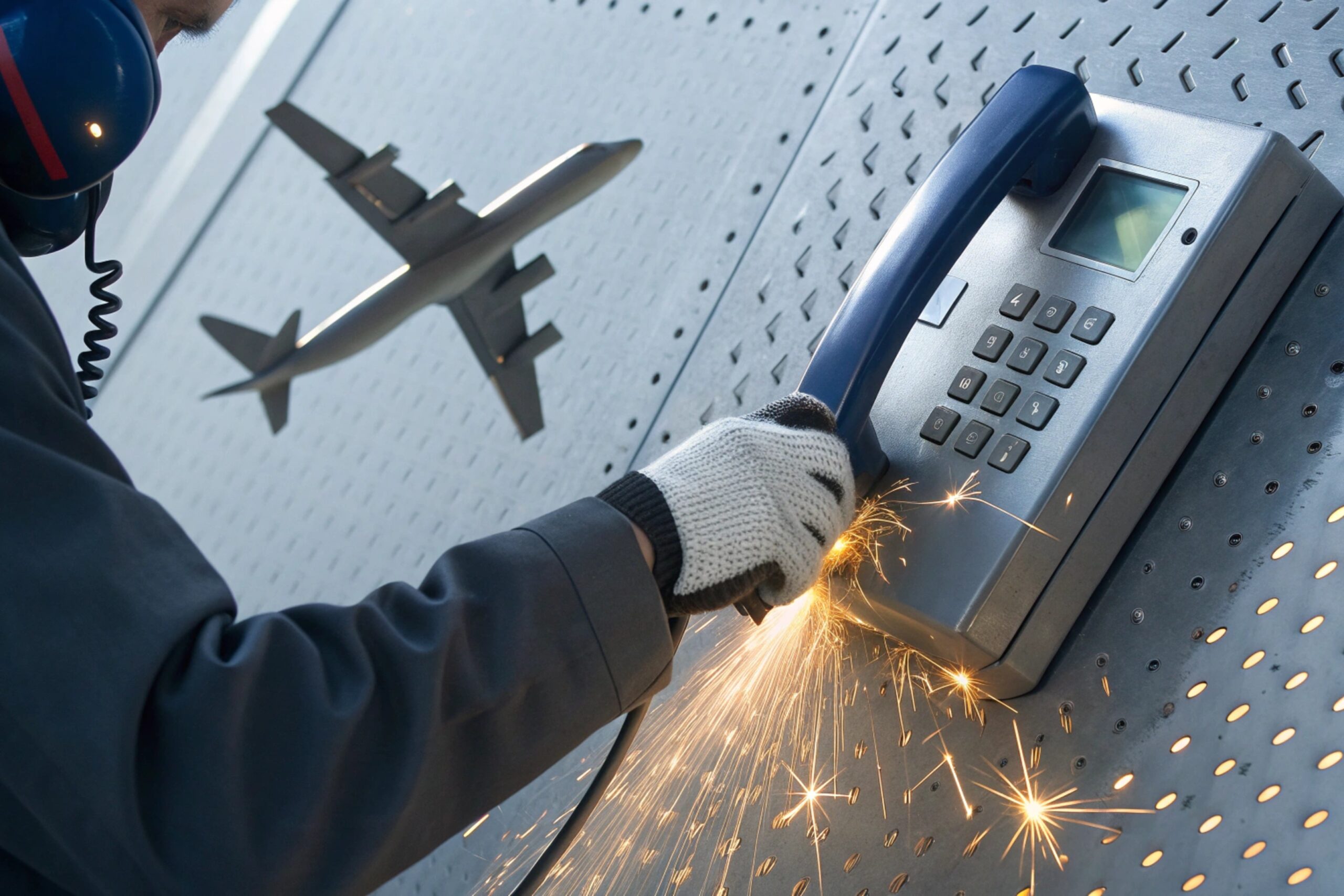 Close-up of a rugged keypad phone on a metal surface with sparks flying (impact/damage concept); an airplane silhouette in the background suggests aviation or critical-infrastructure context