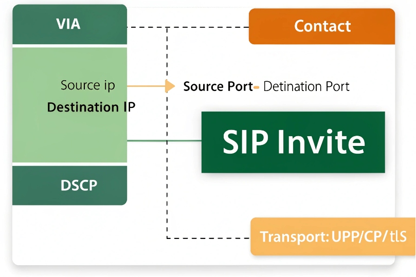 SIP message breakdown showing VIA, DSCP, and Contact headers, highlighting source and destination IPs, source and destination ports, and a SIP INVITE using various transports