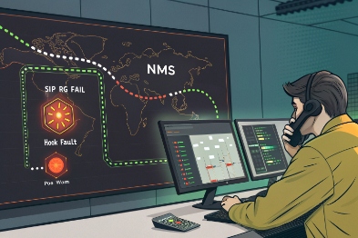 Network monitoring map displaying SIP registration failure and hook fault alerts in NMS