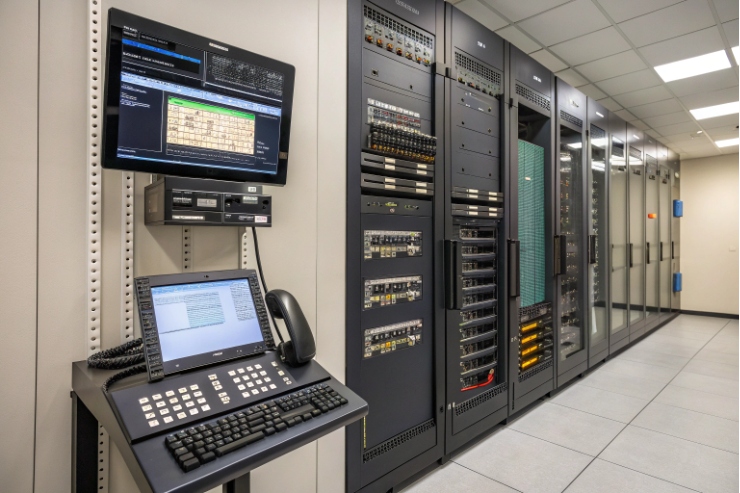 Control room racks and operator console with handset phone for SCADA communications