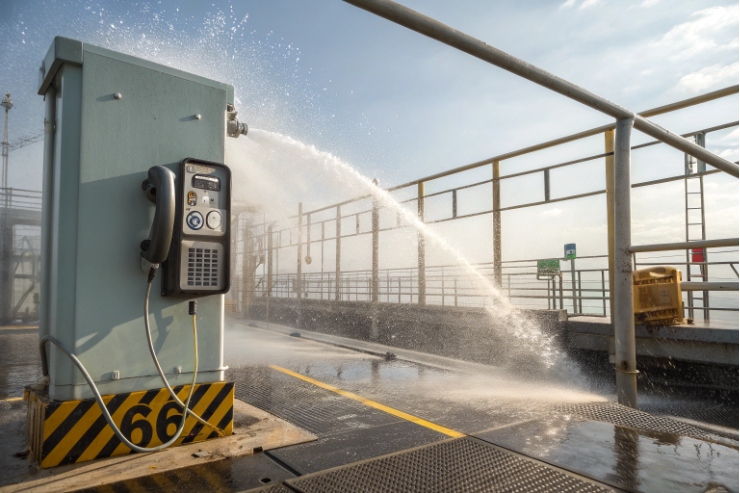 IP66/67 washdown test scene with weatherproof industrial emergency phone under water spray.