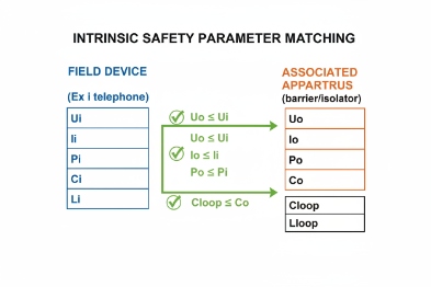 Intrinsic safety parameter matching table for Ex i telephone and isolator barrier values