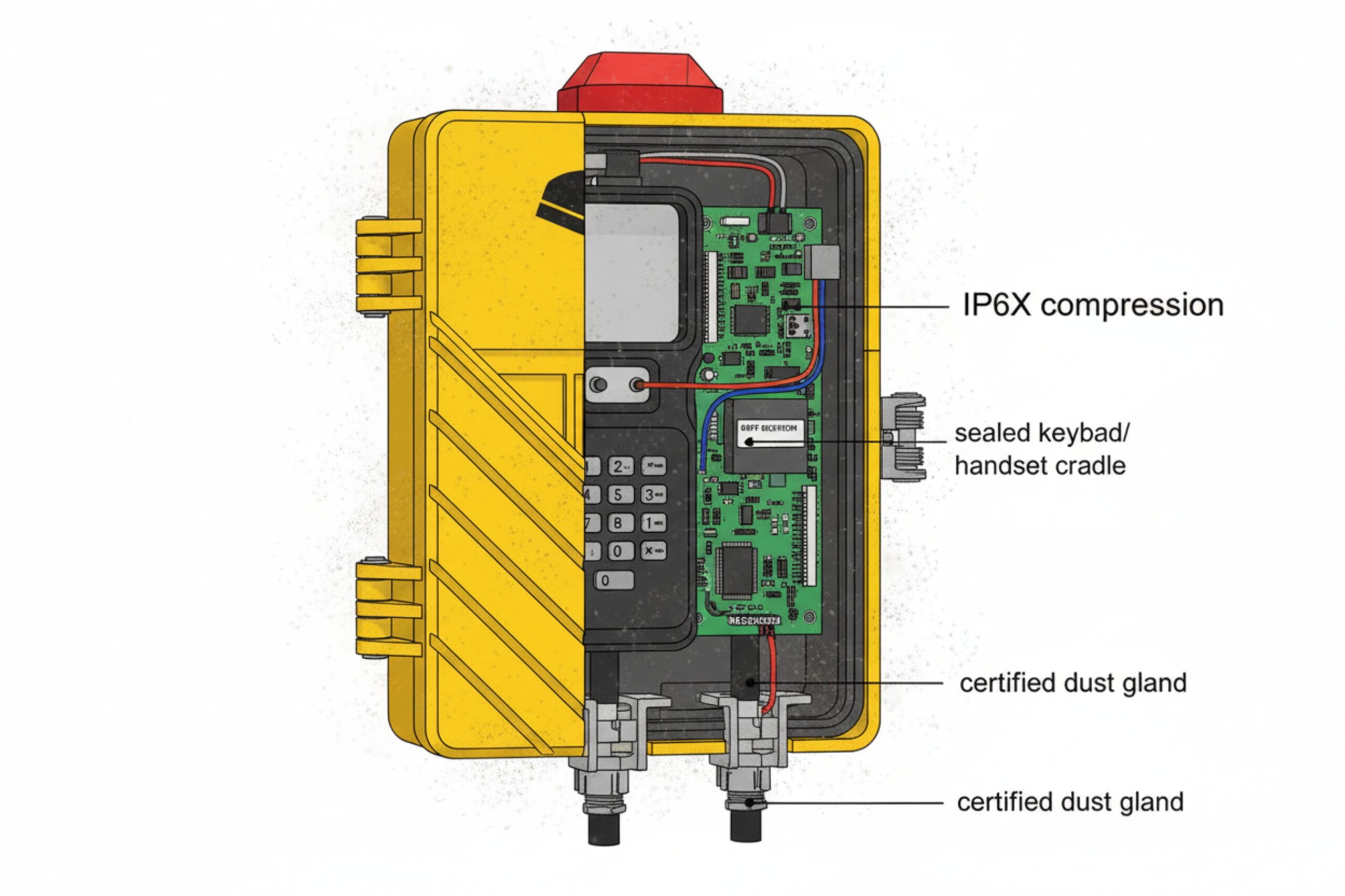 Cutaway diagram of Ex SIP phone showing IP6X sealing, sealed keypad, and certified dust glands