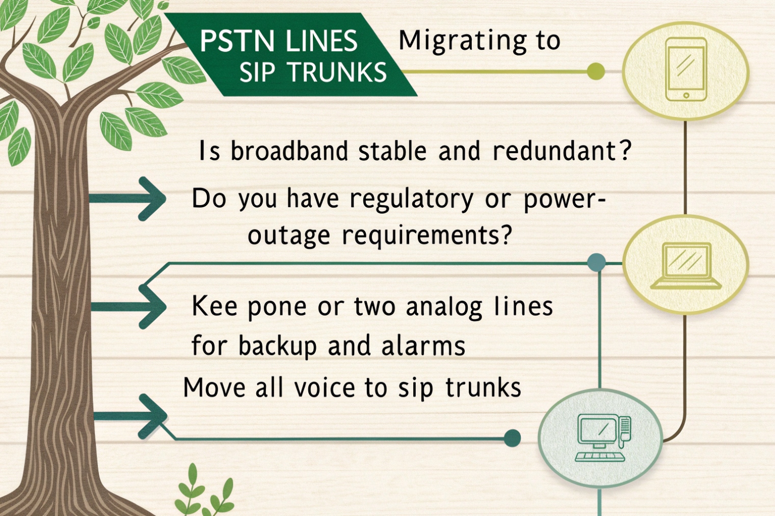 Tree-style infographic about migrating PSTN lines to SIP trunks with questions on broadband reliability, regulations and keeping analog backup lines