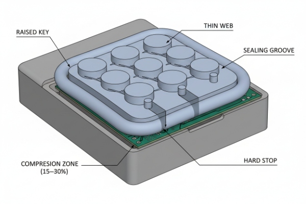 3D cutaway showing silicone keypad seal groove and compression zone design