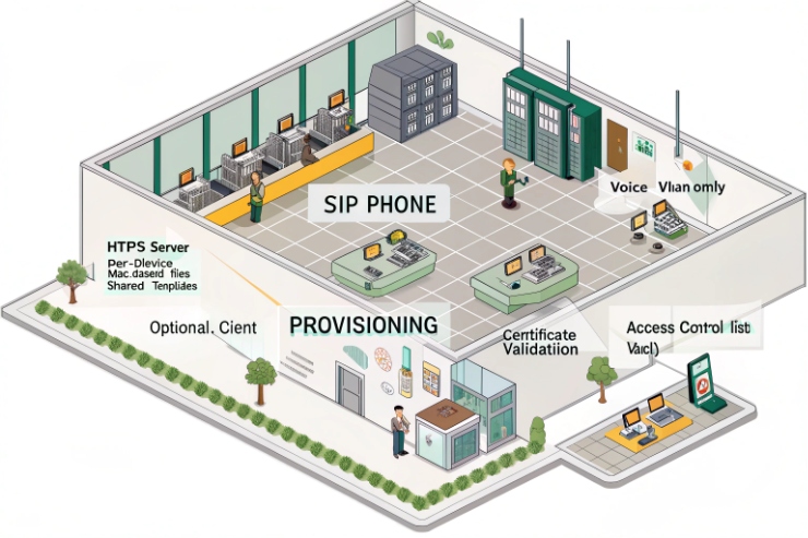 Isometric network/provisioning layout for SIP phones showing an HTTPS provisioning server, voice VLAN segmentation, certificate validation, and ACL controls