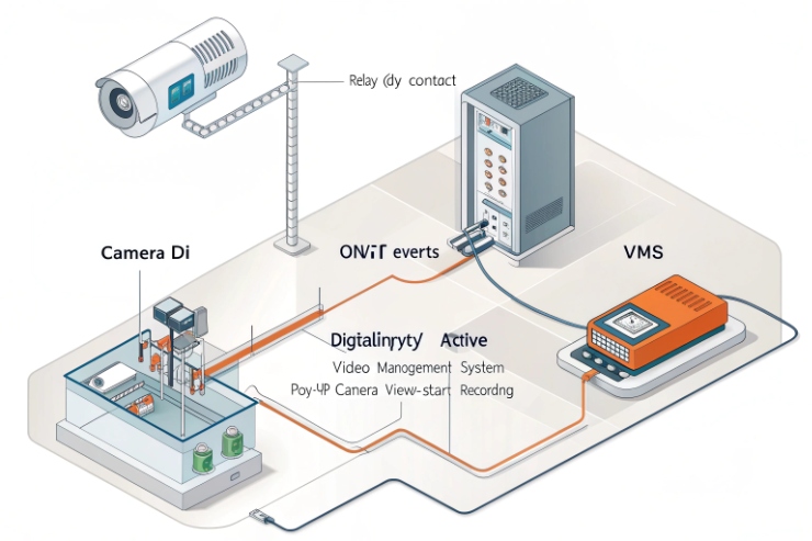 System diagram showing a camera with relay (dry contact) feeding ONVIF events into a VMS/video management workflow