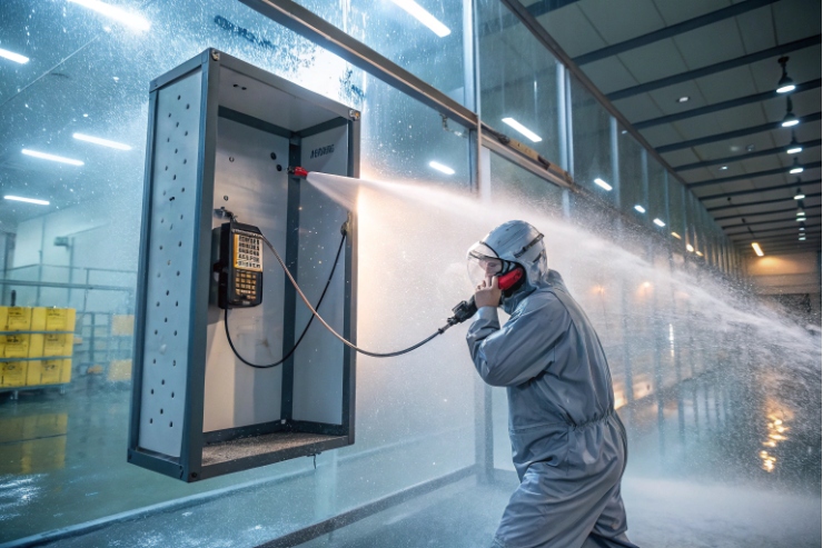 Technician using red handset while high-pressure water sprays IP-rated industrial intercom booth