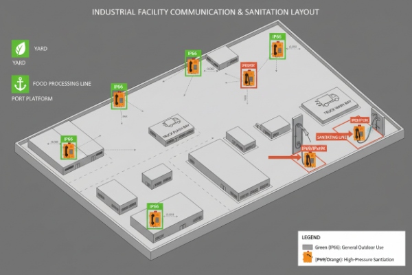 Industrial facility layout showing IP66 SIP intercom locations for sanitation and yard