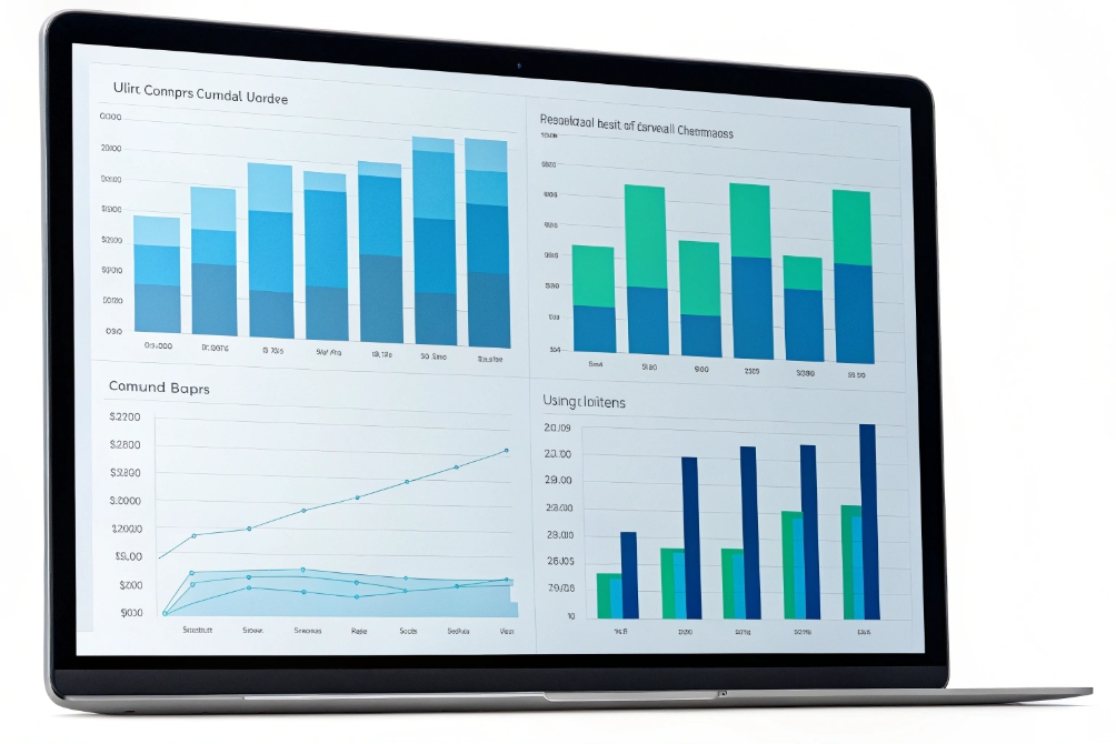 Close-up of a laptop screen displaying a four-panel analytics dashboard with stacked bar charts, grouped bar charts, and line graphs in blue and green tones tracking communication or SIP trunk usage metrics.