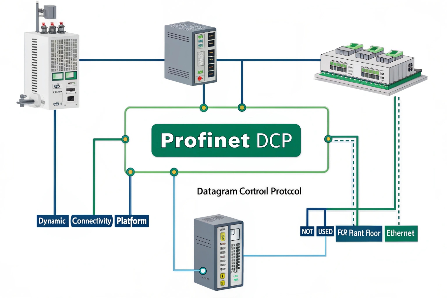 Profinet DCP network diagram showing controllers devices and factory Ethernet