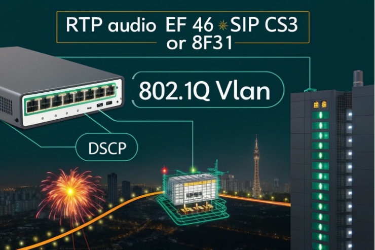 QoS graphic for RTP audio EF46 and SIP CS3 over 802.1Q VLAN with DSCP