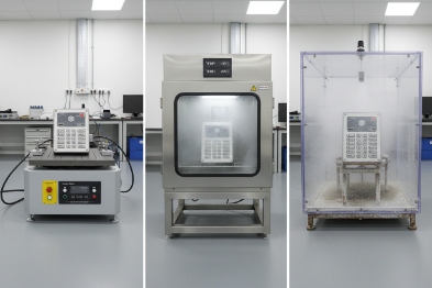 Three-panel lab setup showing a keypad device on a test bench, inside a temperature/aging chamber, and inside a sealed enclosure for environmental testing (e.g., dust/water/spray)