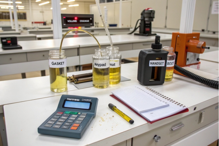 Lab bench shows handset, gasket, keypad samples in oil jars for durability testing.