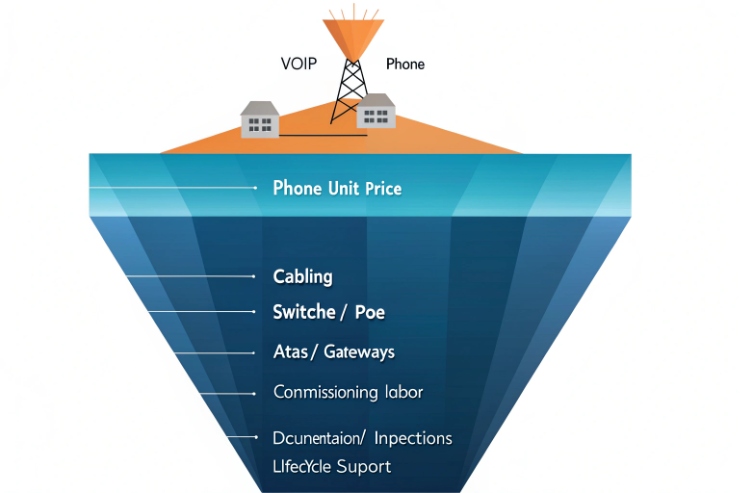 Iceberg cost graphic for a VoIP/industrial phone project, showing visible “phone unit price” above water and hidden costs like cabling, switches/PoE, gateways, commissioning, documentation, and lifecycle support below.