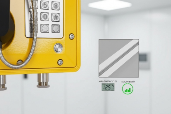 Close-up of explosion-proof phone housing showing seal integrity and wipe-down cycles