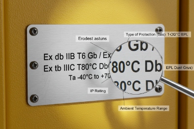 Close-up of Ex certification nameplate showing Ex db IIB T6 and IP rating details