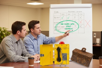 Engineers reviewing corrosion test results beside explosion-proof SIP phone and rust sample