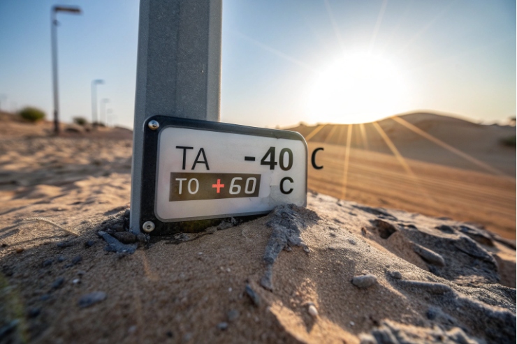 Ambient temperature rating plate showing Ta -40°C to +60°C in desert site