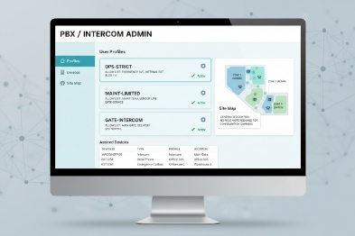 PBX intercom admin dashboard showing user profiles, site map, and access policies