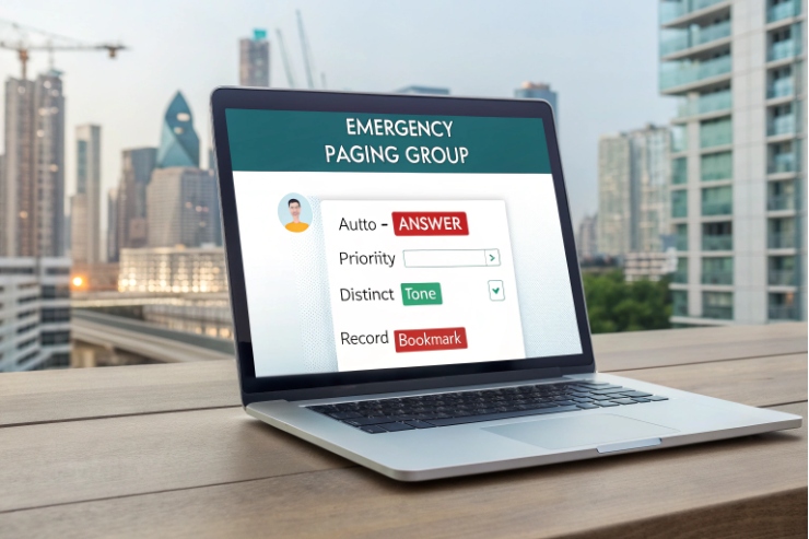 Laptop screen showing emergency paging group settings with auto-answer, priority, and tone.