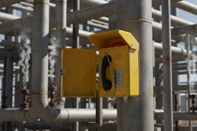 Yellow explosion-proof SIP phone with open cover mounted on industrial piping