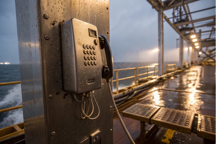 Weatherproof industrial keypad phone mounted on wet offshore deck at dusk.