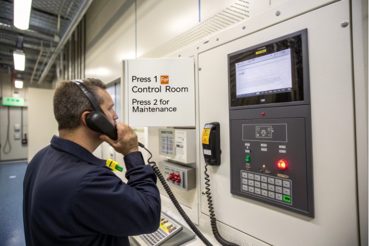 Factory operator uses handset intercom at control cabinet with call routing instructions.
