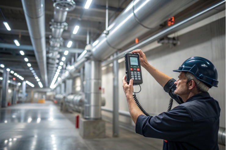 Technician measuring background noise with handheld meter in industrial corridor for paging setup