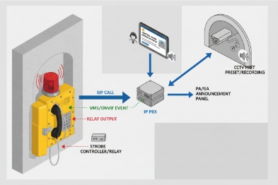 SIP emergency intercom diagram linking strobe, relay output, IP PBX, PA/GA, and CCTV