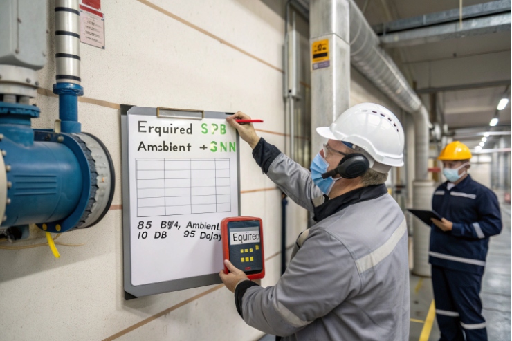 Technician measuring ambient noise and SPL requirement using sound meter in industrial corridor