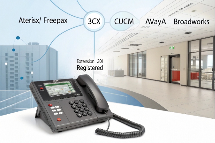 SIP IP desk phone registered with 3CX, CUCM, Avaya, BroadWorks, and FreePBX.