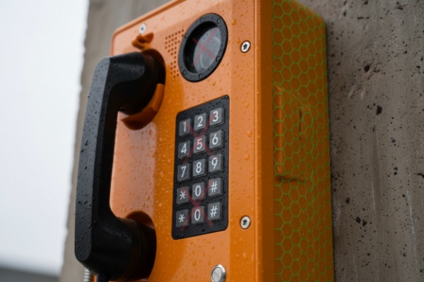 Close-up of rugged SIP intercom with weatherproof keypad and reflective safety strip