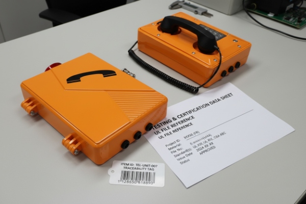Orange SIP emergency phone units with certification data sheet for testing and traceability
