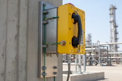 Explosion-proof SIP phone mounted on concrete wall with grounding and reinforced bracket
