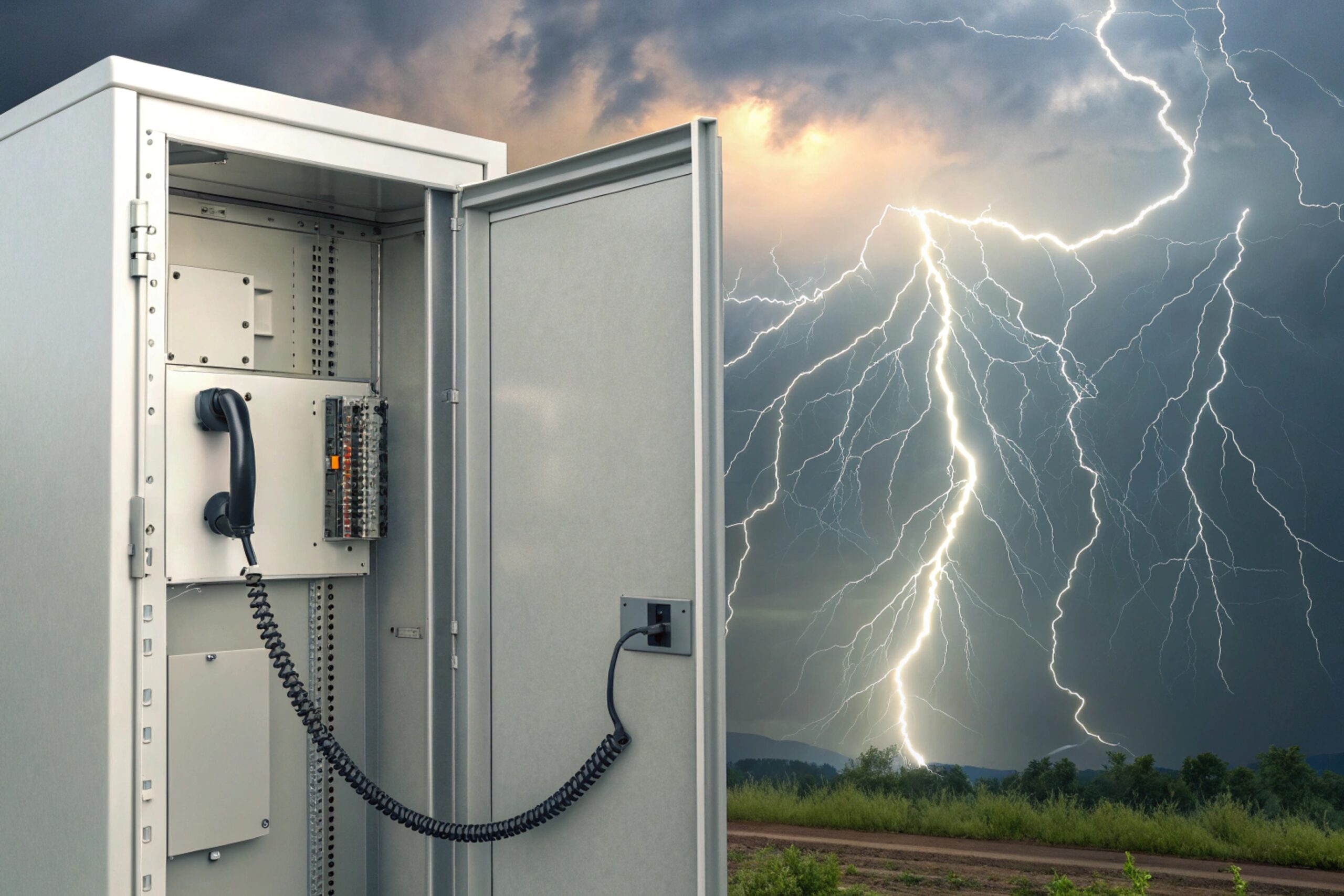 Outdoor telecom/electrical enclosure with a handset inside, photographed with dramatic lightning storm in the background