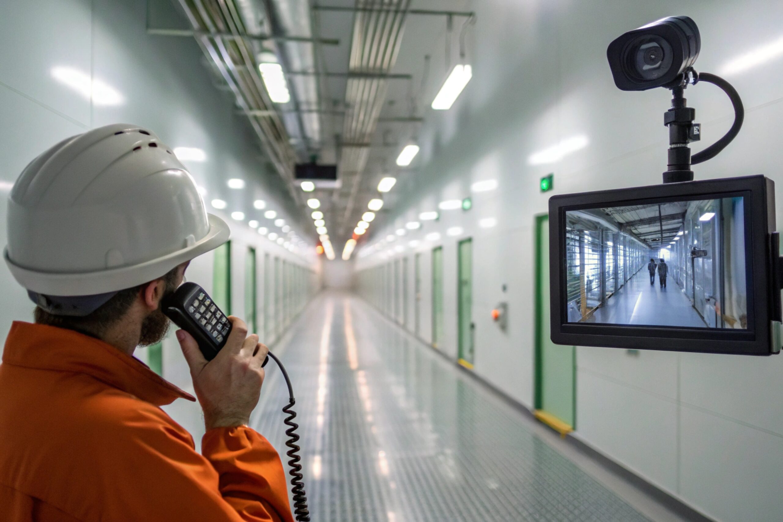 Security staff speaks into handset while corridor CCTV monitor displays live surveillance feed
