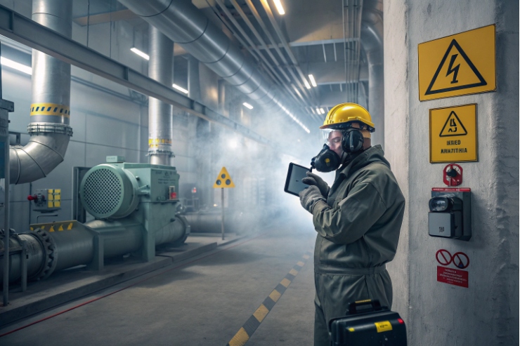 Technician in protective mask inspecting noisy plant area near emergency call box and hazards