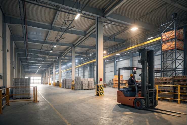 Forklift operating inside modern warehouse with pallets and storage racks