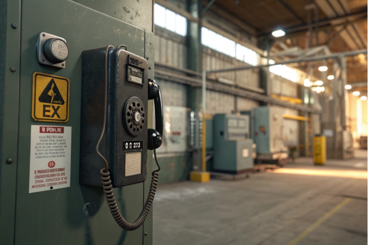 Wall-mounted hazardous area emergency telephone with EX warning label in industrial workshop