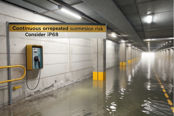 Underground tunnel flooded, wall emergency phone suggests IP68 for repeated submersion risk.