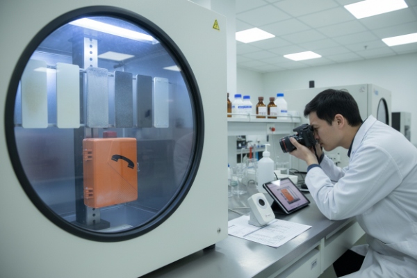 Technician photographing orange enclosure in UV weathering chamber for durability testing