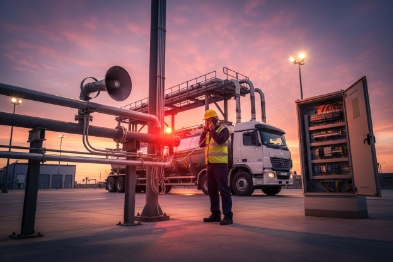 Worker places call on EX intercom with beacon near loading rack at dusk