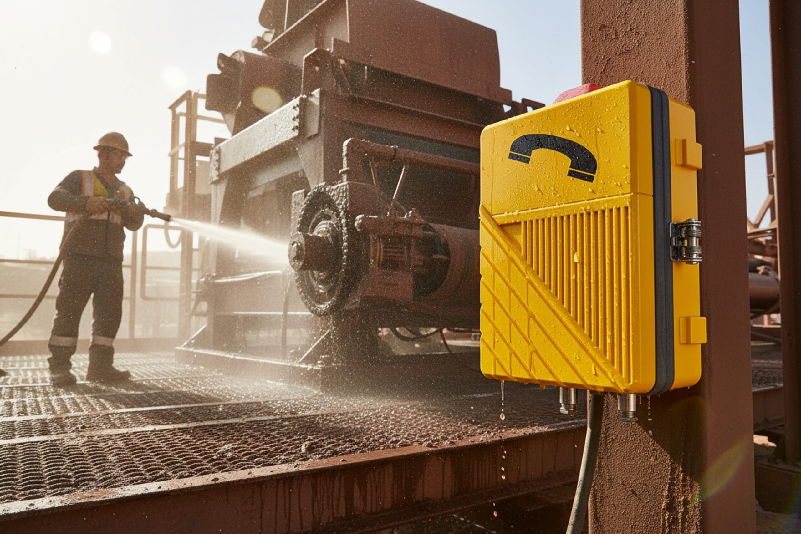 Rugged explosion-proof phone enclosure resisting washdown spray and harsh industrial conditions