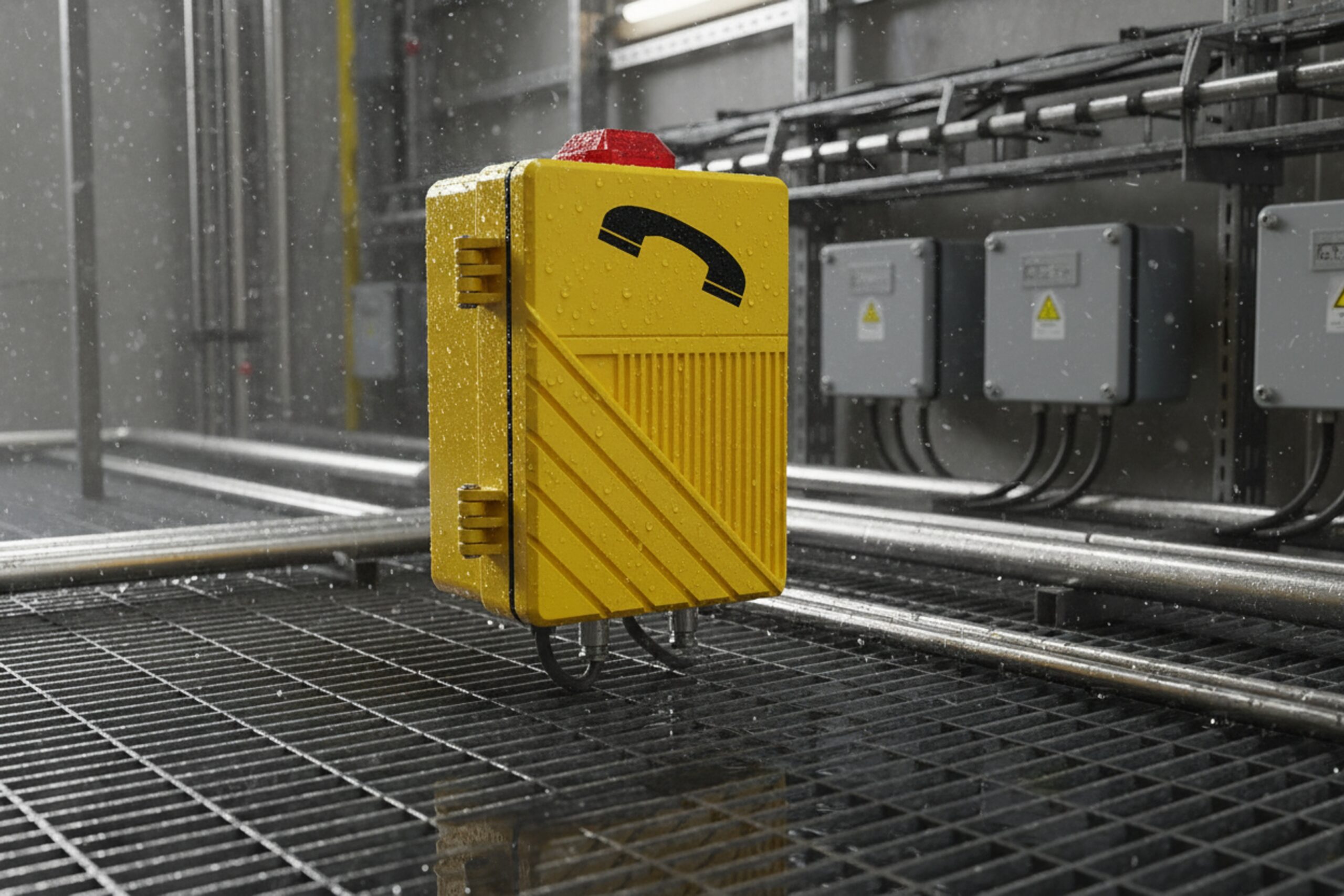 Rugged yellow Ex SIP phone enclosure in wet industrial area with water droplets on housing