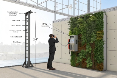 Wall-mounted SIP intercom installation diagram with measurements for access control and emergency calls