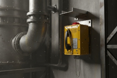Wall-mounted rugged SIP emergency phone beside large pipework in wet industrial environment