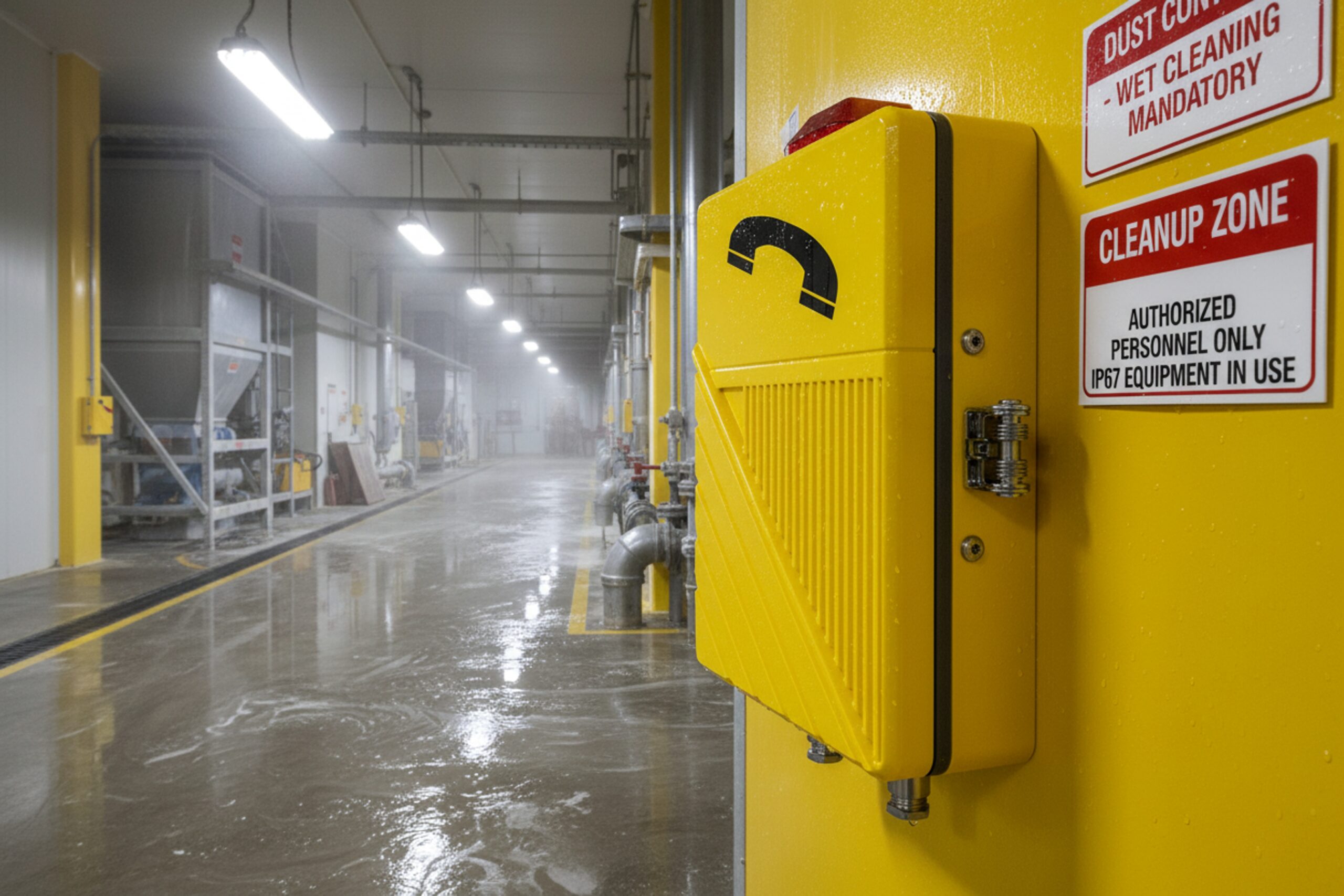 IP67 explosion-proof phone enclosure in wet cleanup corridor with dust control and safety signage