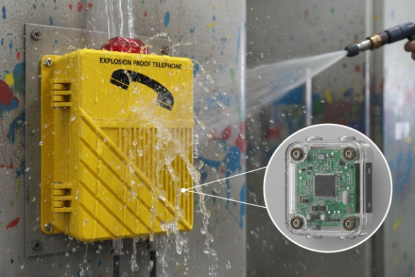 Explosion-proof telephone withstands high-pressure washdown, showing sealed housing and electronics