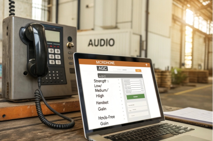Laptop configuring AGC levels for industrial SIP phone audio settings